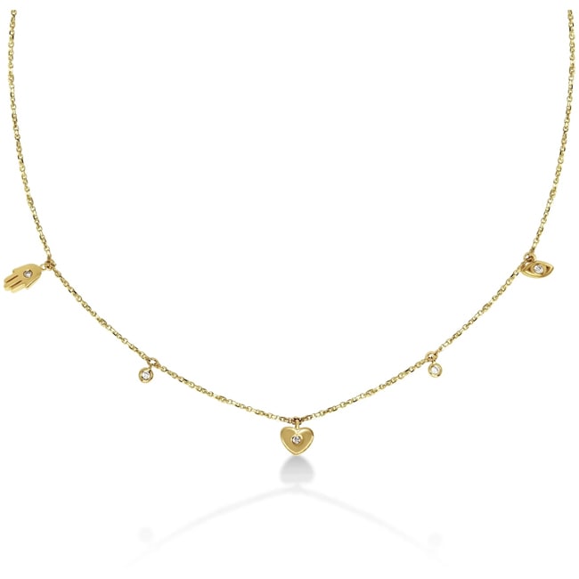 14k Gold Small Triple Diamond Evil Eye, Heart, Hamsa Necklace (0.10.ct.tw) - JewelryNest