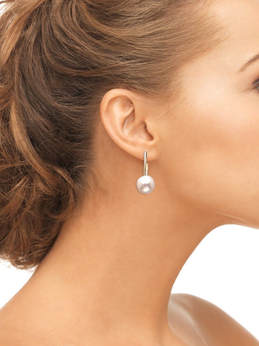 14k Solid Gold Dangle Pearl Button Earrings (6.0 mm) - JewelryNest