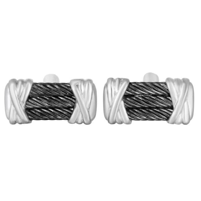 Sterling Silver Black Rhodium Textured Italian Cable Cuff Link - JewelryNest