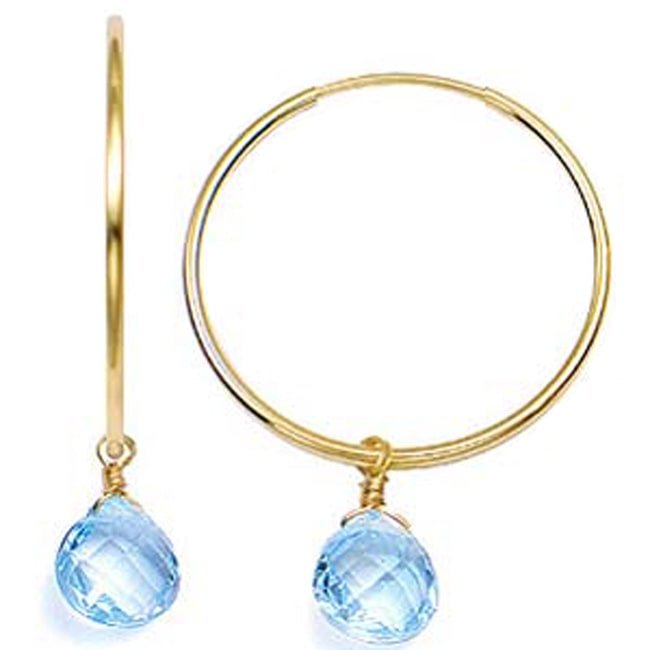 14k Gold Tear - Drop Briolette Swiss Blue Hoop Earrings (6.0.cts.tw) - JewelryNest