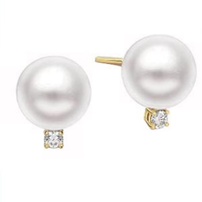 14k Gold Cultured Pearl Diamond Drop Earrings (0.20.ct.tw) - JewelryNest