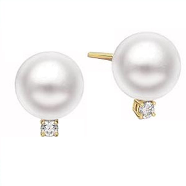 14k Gold Cultured Pearl Diamond Drop Earrings (0.10.ct.tw) - JewelryNest