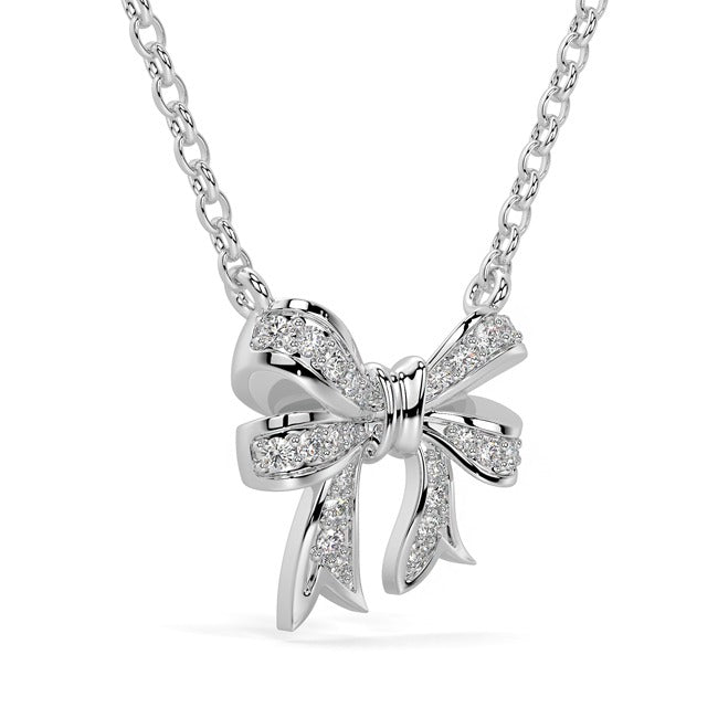 14K White Diamonds Ribbon Bow Pendant Necklace ( 0.14 ct.tw) - JewelryNest