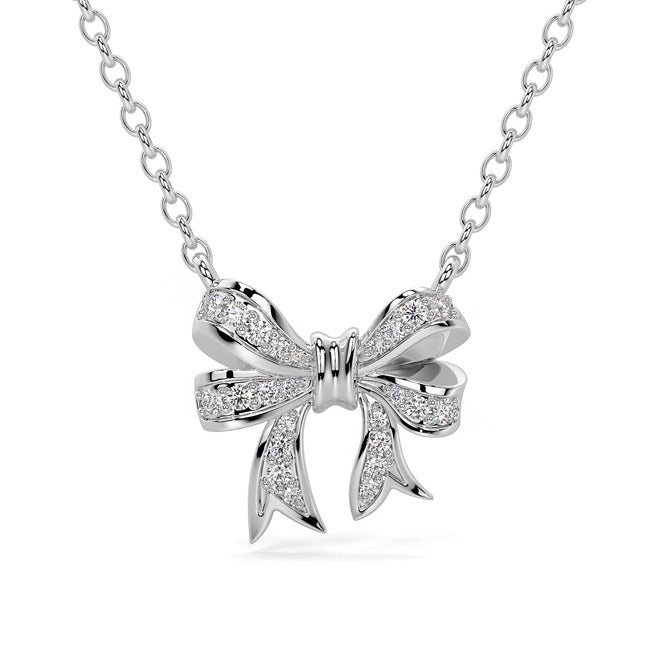 14K White Diamonds Ribbon Bow Pendant Necklace ( 0.14 ct.tw) - JewelryNest