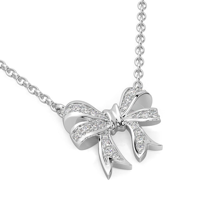 14K White Diamonds Ribbon Bow Pendant Necklace ( 0.14 ct.tw) - JewelryNest