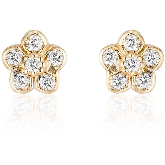14k Solid Gold Mini Flower Earrings Stud (0.08.ct.tw)
