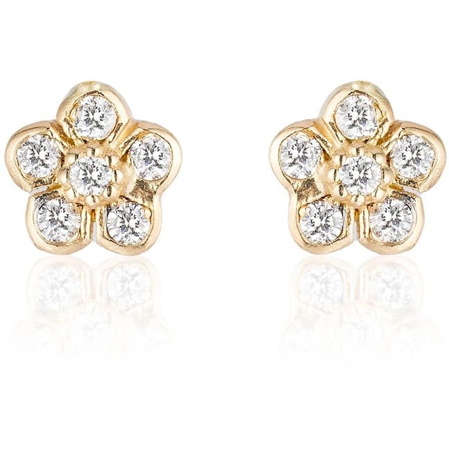 14k Solid Gold Mini Flower Earrings Stud (0.08.ct.tw) - JewelryNest