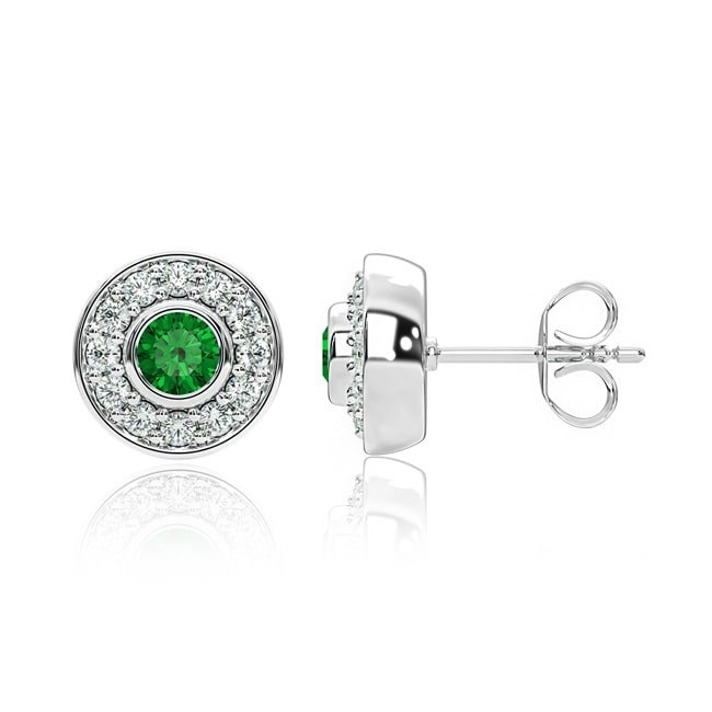 14k Gold Diamond Emerald Donut Gallery Back Earring (0.92.ct.tw) - JewelryNest