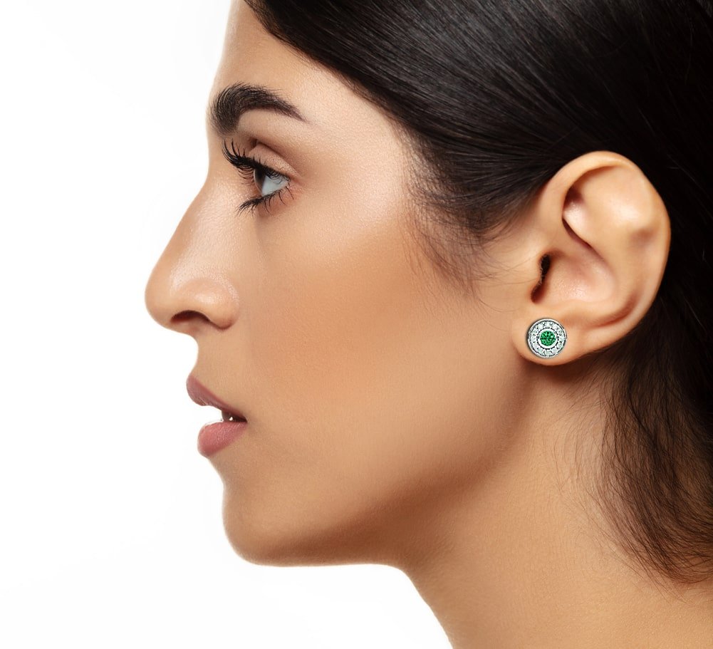 14k Gold Diamond Emerald Donut Gallery Back Earring (0.92.ct.tw) - JewelryNest