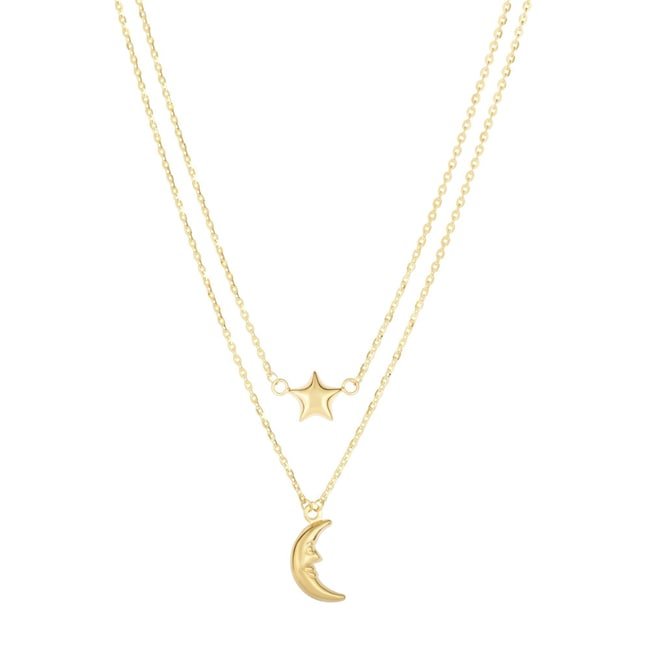 14k Yellow Multi - Strand Layered Half Moon Star Necklace (4.3.gr.tw) - JewelryNest