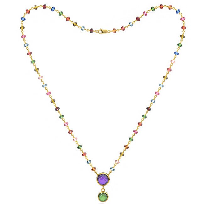 14k Antique Look Multi Color Cubshion Tourmaline Rondalle Disc Drop Necklace - JewelryNest