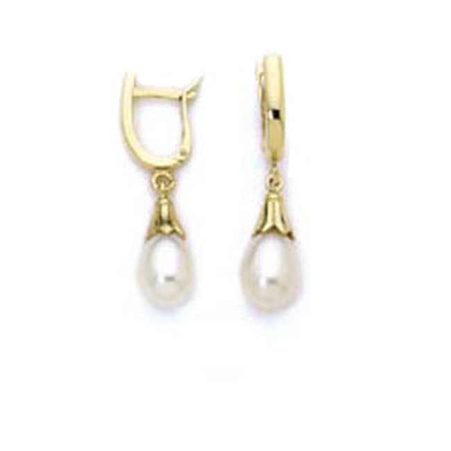 14k Solid Gold Pearl Drop Hoop Earrings (4.5.gr.tw) - JewelryNest