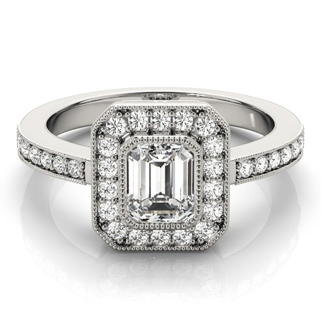 14k White Vintage Style Emerald - Round Lab Grown Diamond Ring (0.70.ct.tw) - JewelryNest