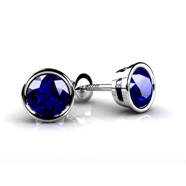14K Round bezel Royal Blue Sapphire Stud Earrings (0.70 ct.tw) - JewelryNest