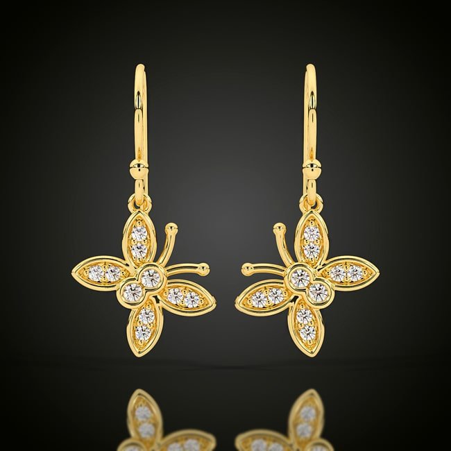 14k Gold Diamond Dangle Mini Butterfly Earrings (0.12.ct.tw) - JewelryNest