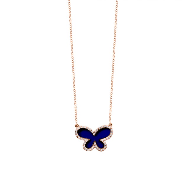 14k Gold Diamond Lapis Butterfly Necklace (1.40.cts.tw) - JewelryNest