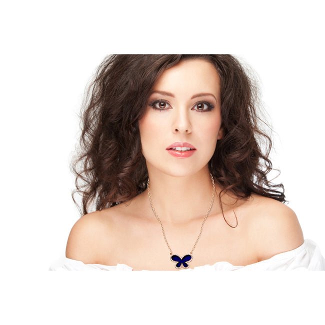 14k Gold Diamond Lapis Butterfly Necklace (1.40.cts.tw) - JewelryNest