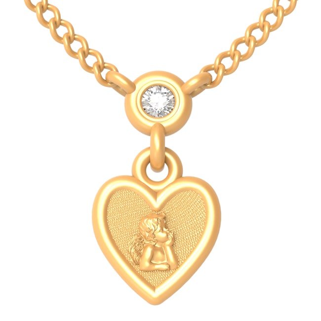 14k Solid Yellow Heart - Shaped Cherub Diamond Necklace (0.0.5.ct.tw) - JewelryNest