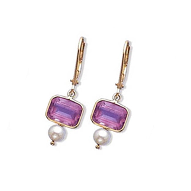 14k Gold Octagon Amethyst Pearl Dangle Earrings (2.40.cts.tw) - JewelryNest