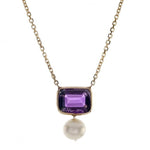 14k Gold Octagon Solitaire Amethyst Pearl Necklace (1.30.cts.tw) - JewelryNest