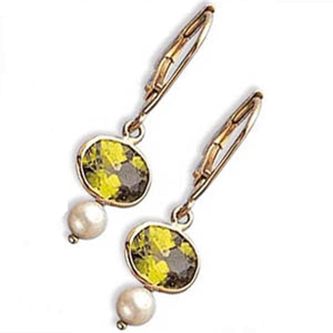 14k Gold Oval Peridot Pearl Drop Earrings (2.70.cts.tw) - JewelryNest