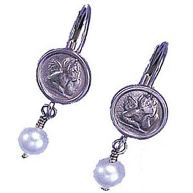 14k Solid Gold Mini Angel Pearl Dangle Earrings (2.7.gr.tw) - JewelryNest