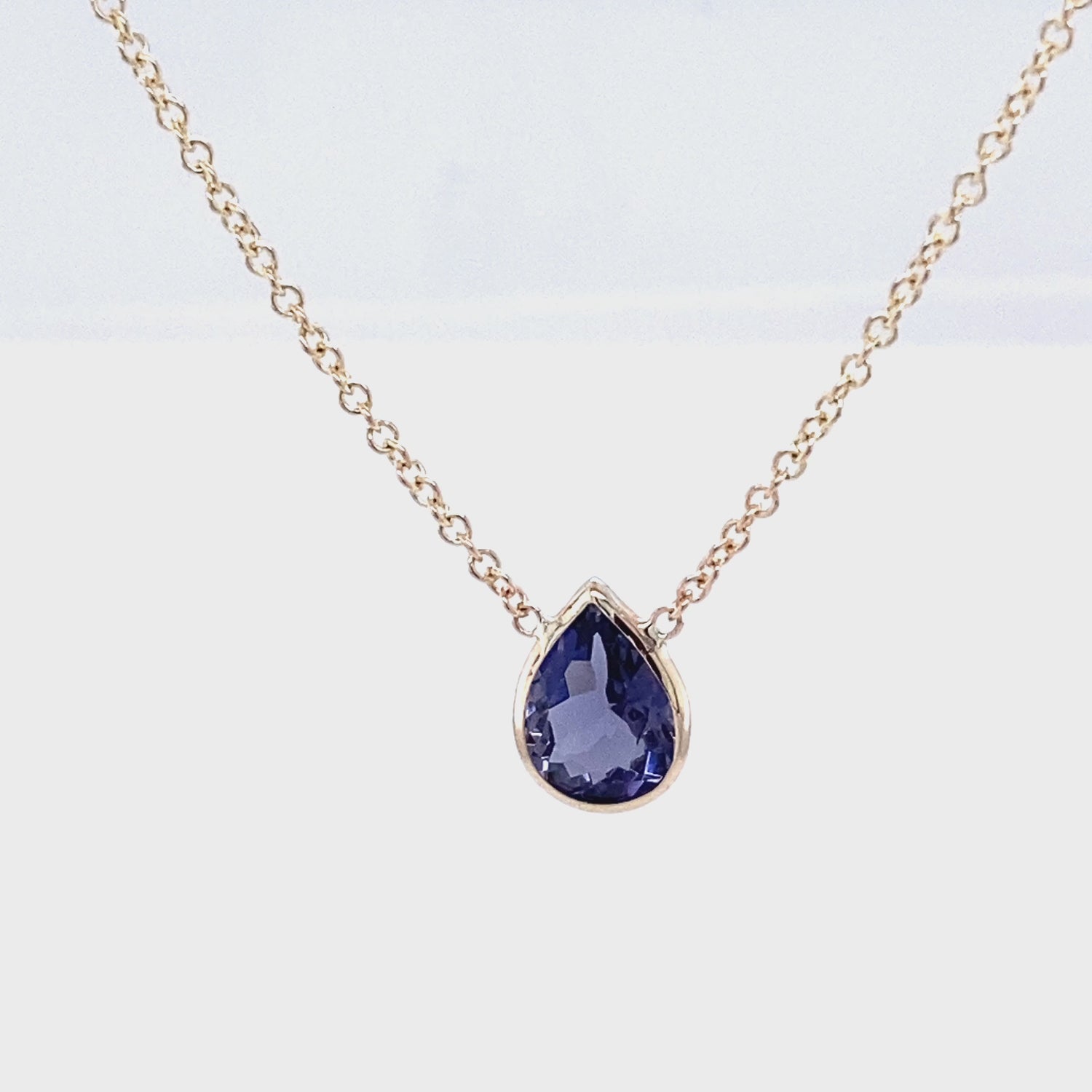 14k Solid Gold Pear-Shaped Iolite Solitaire Necklace Video