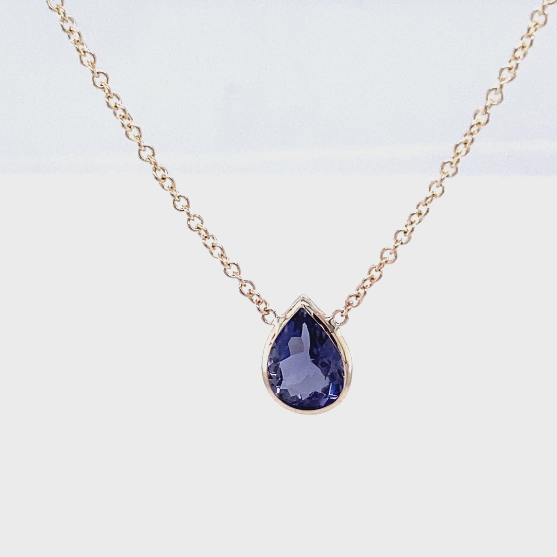 14k Solid Gold Pear-Shaped Iolite Solitaire Necklace Video