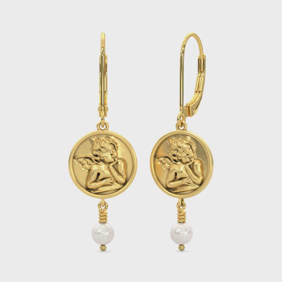 14k Solid Gold Large Angel Pearl Drop Earring Video