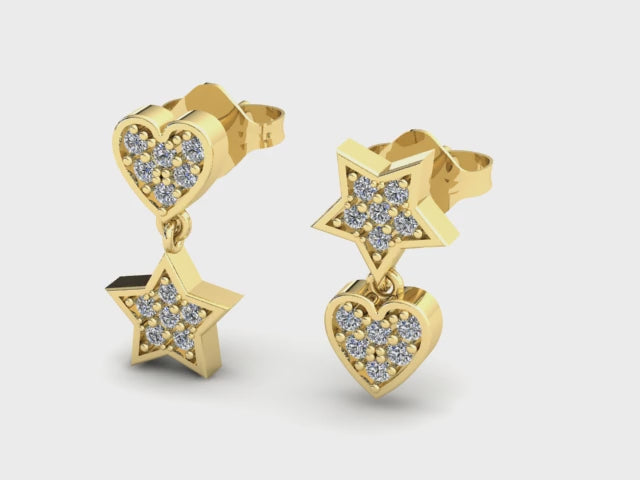 14k Gold Heart-Star Diamonds Dangle Drop Earrings Video