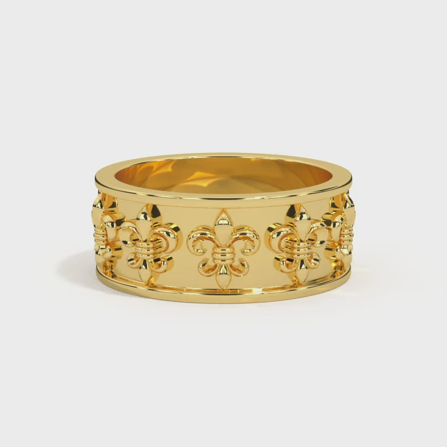 14k Solid Gold Fleur De Lis Unisex Cigar Wedding Band Video