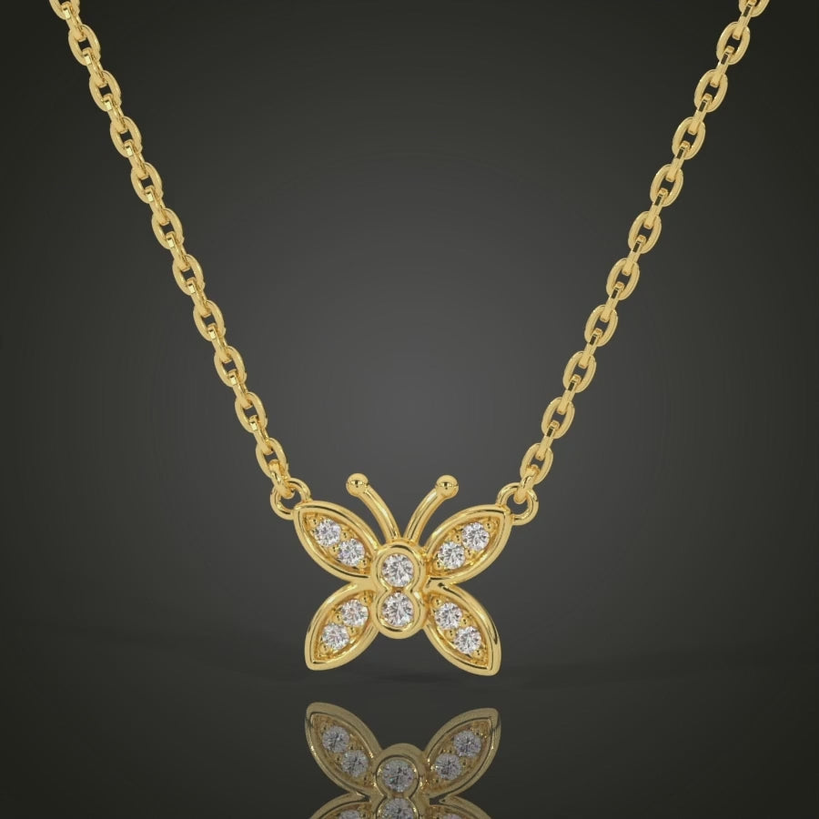 14k Solid Gold Diamond Mini Butterfly Necklace Video