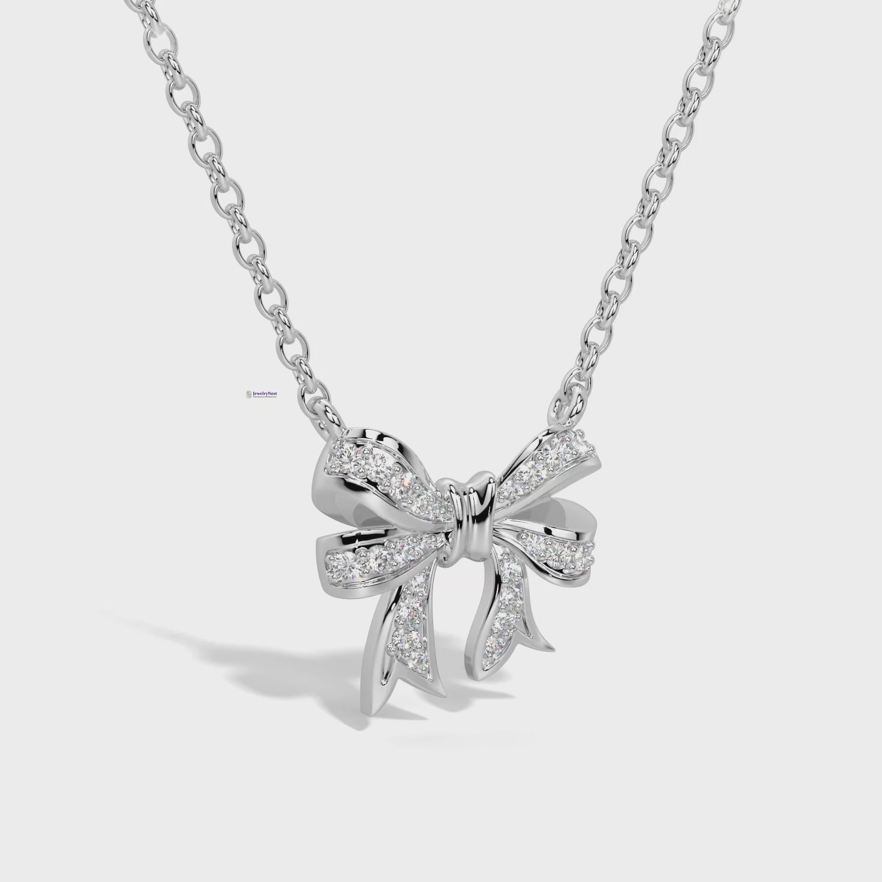 14K White Diamonds Ribbon Bow Pendant Necklace Video