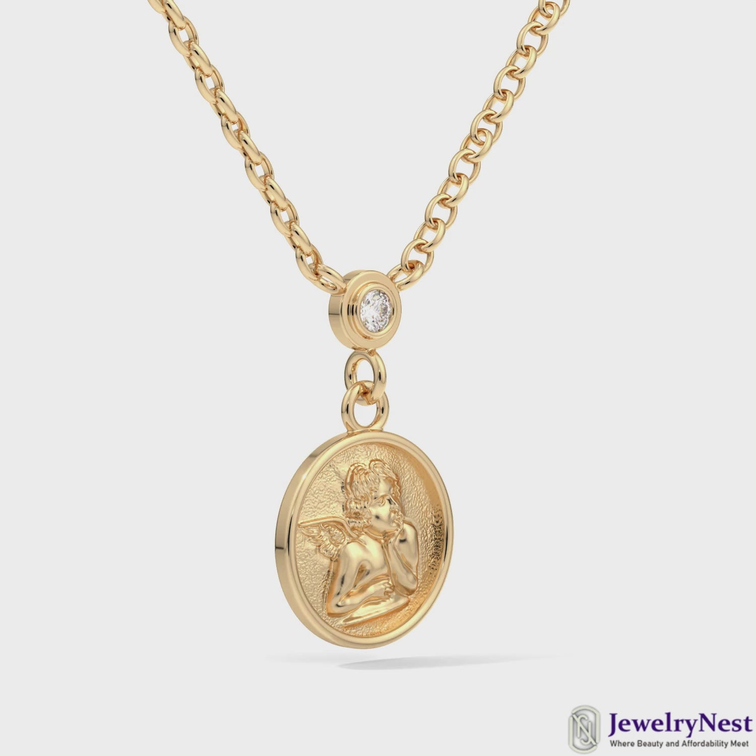 14k Solid Yellow Gold Mini Cherub Diamond Necklace Video