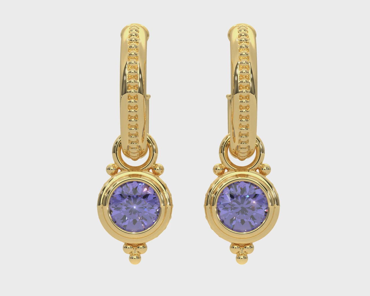 14k Solid Gold Triple-A Tanzanite Charm Hoop Earrings Video