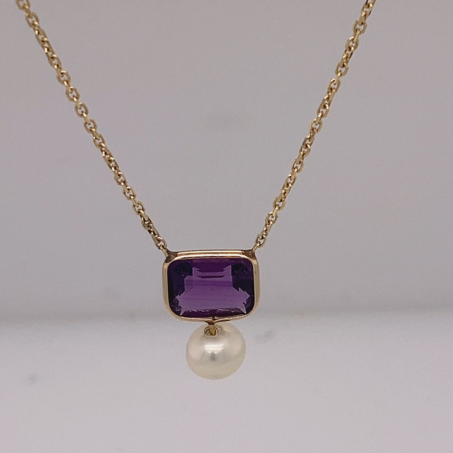 14k Gold Octagon Solitaire Amethyst Pearl Necklace Video