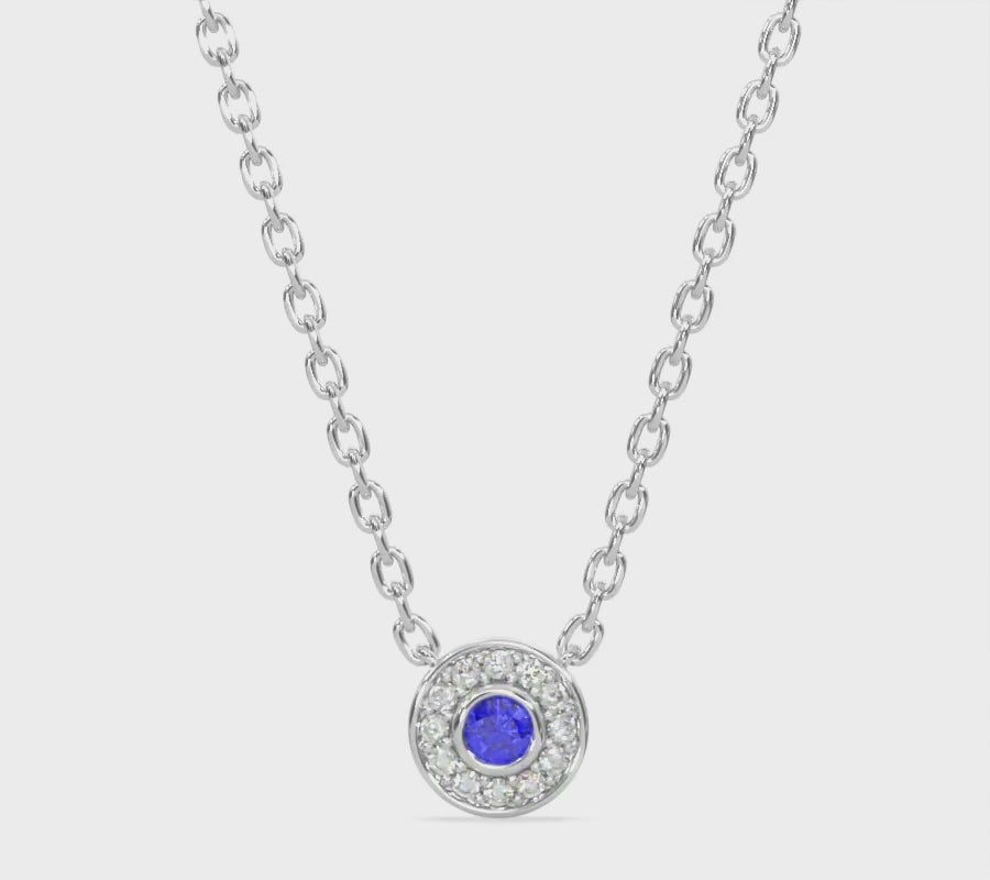 14k White Gold Diamond Sapphire Donut Gallery Back Necklace Video