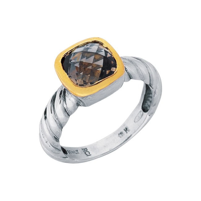 Sterling Silver 18K Gold Rose - Cut Cushion Smokey Topaz Ring (3.5.cts.tw) - JewelryNest