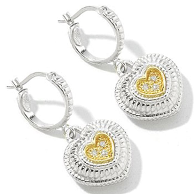 Sterling Silver 18K Diamond Dangle Heart Earrings (0.12.ct.tw) - JewelryNest