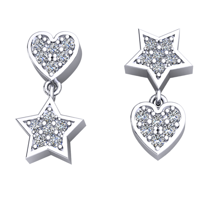 14k Gold Star - Heart Diamonds Dangle Drop Earrings (0.25.ct.tw) - JewelryNest