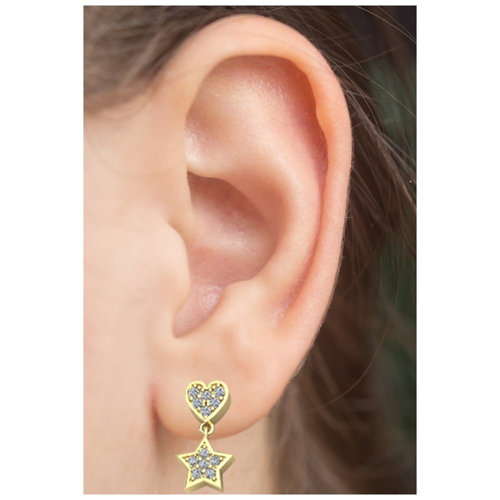 14k Gold Heart - Star Diamonds Dangle Drop Earrings (0.25. ct.tw) - JewelryNest