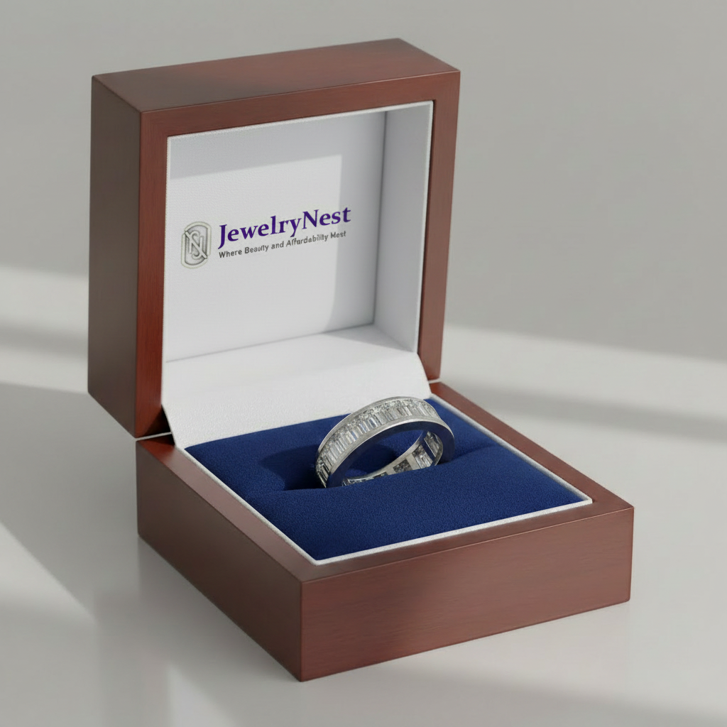 14k Baguette Diamond Eternity Band – Royal Blue Box with JewelryNest Logo