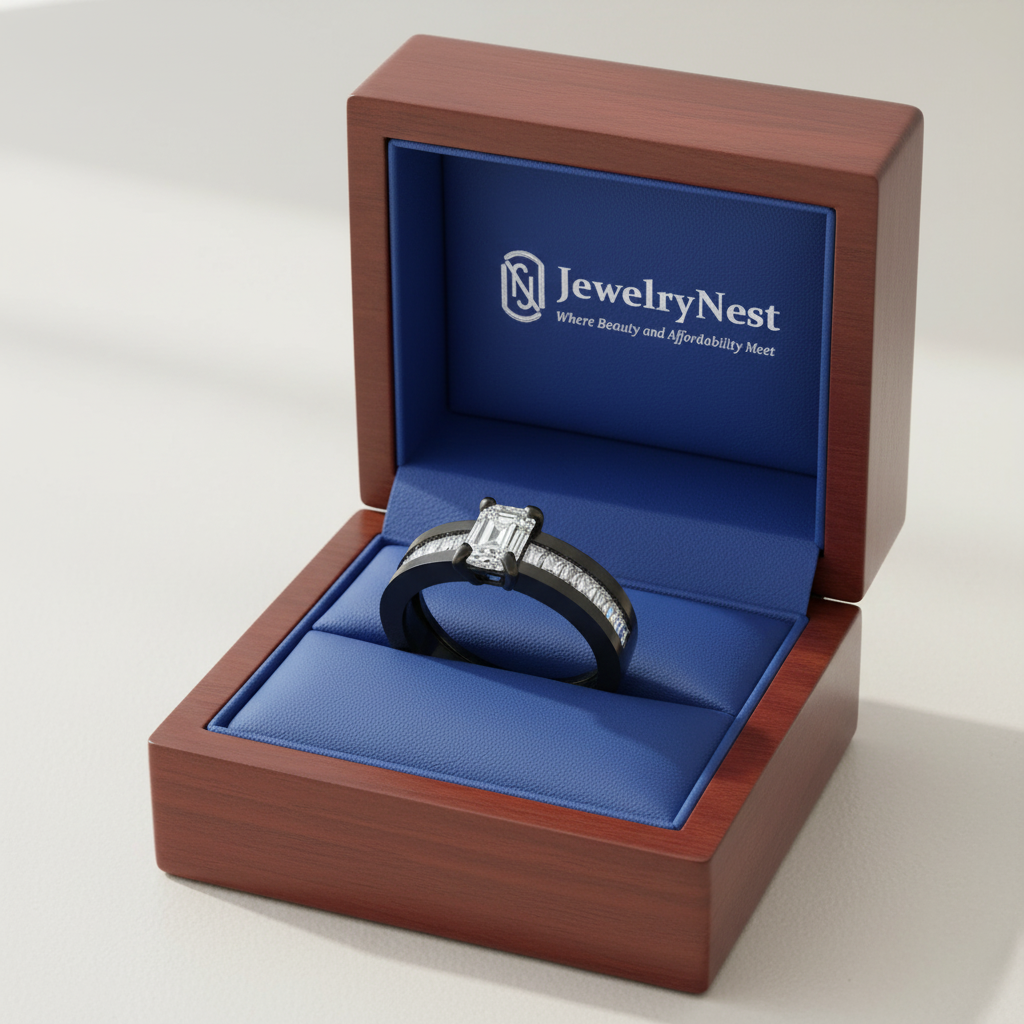 14k Black Gold Emerald Cut Diamond Ring – Royal Blue Wooden Box with JewelryNest Logo