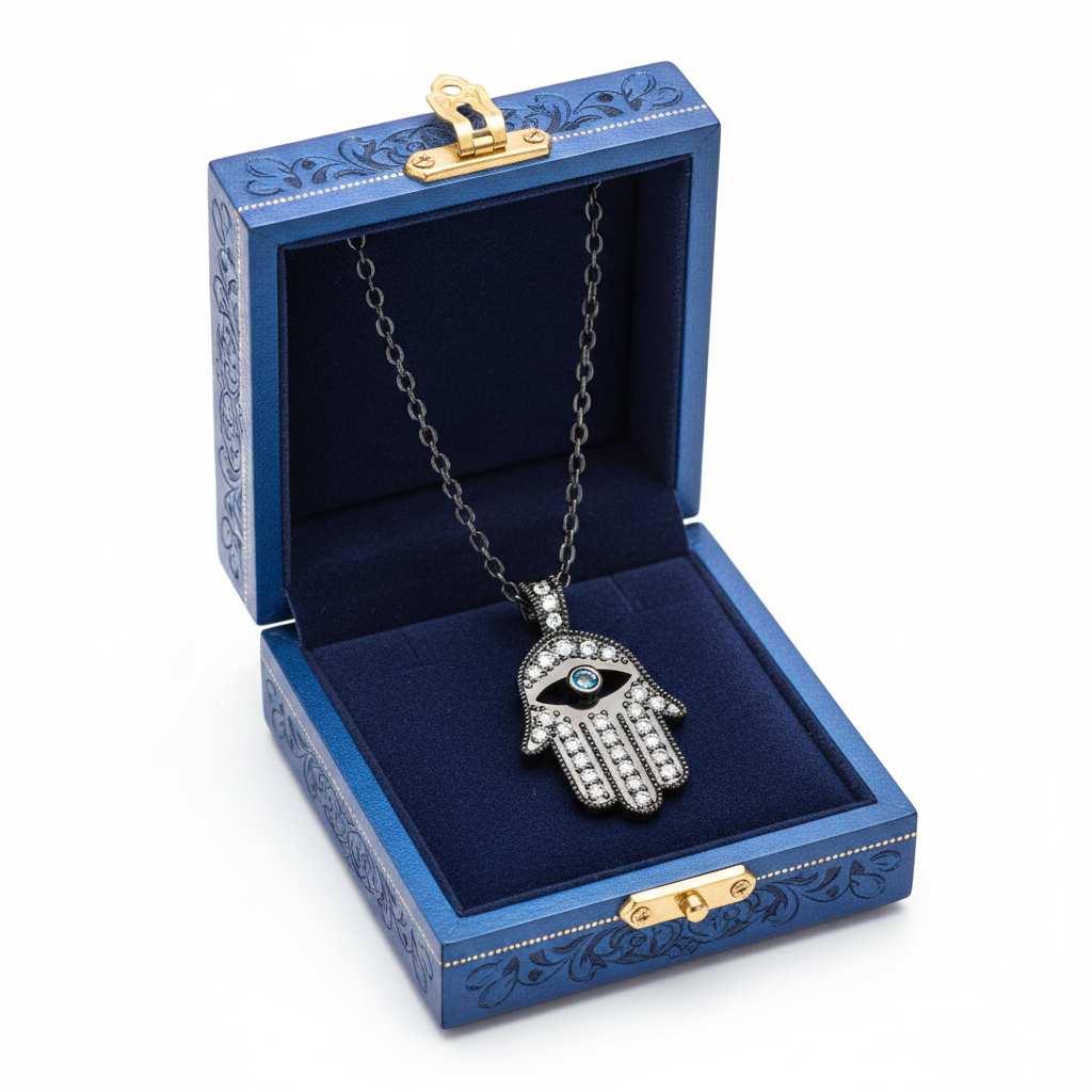 14k Black Gold Hamsa Diamond Necklace in Royal Blue Gift Box