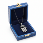 14k Black Gold Hamsa Diamond Necklace in Royal Blue Gift Box