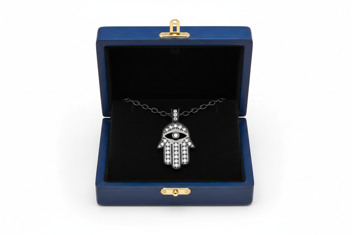14k Black Rhodium Gold Hamsa Diamond Necklace in Royal Blue Wooden Box