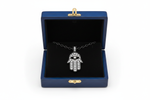14k Black Rhodium Gold Hamsa Diamond Necklace in Royal Blue Wooden Box