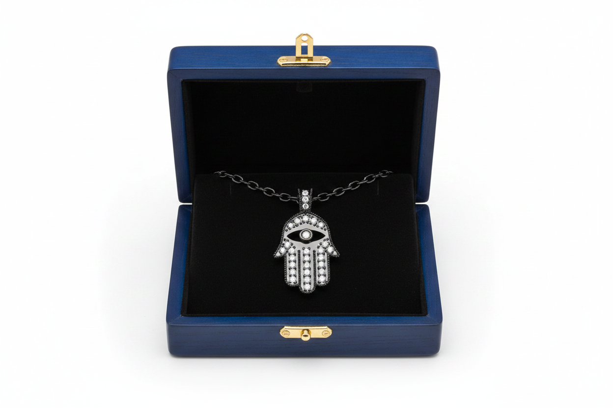 14k Black Rhodium Gold Hamsa Diamond Necklace in Royal Blue Wooden Box