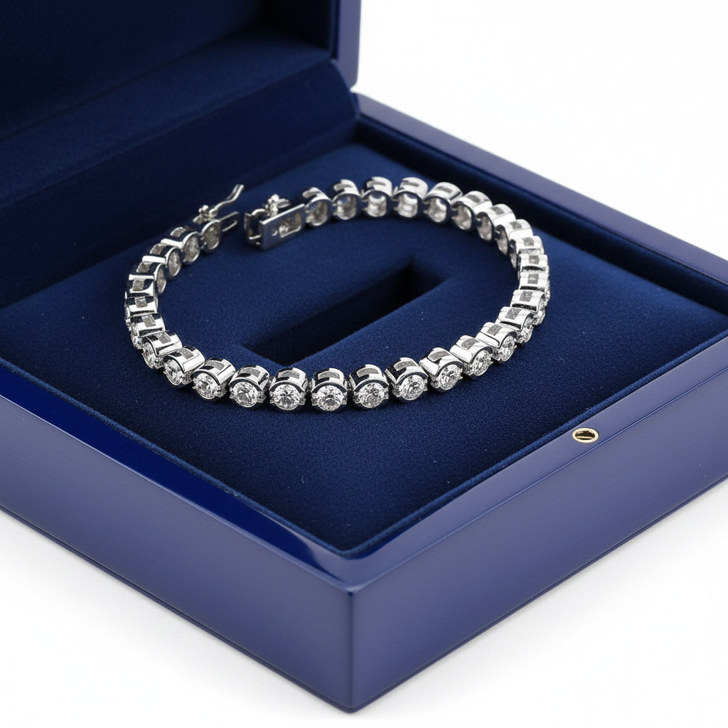 14k solid gold diamond bezel tennis bracelet with 1.96 carats total weight displayed in a royal blue jewelry box.