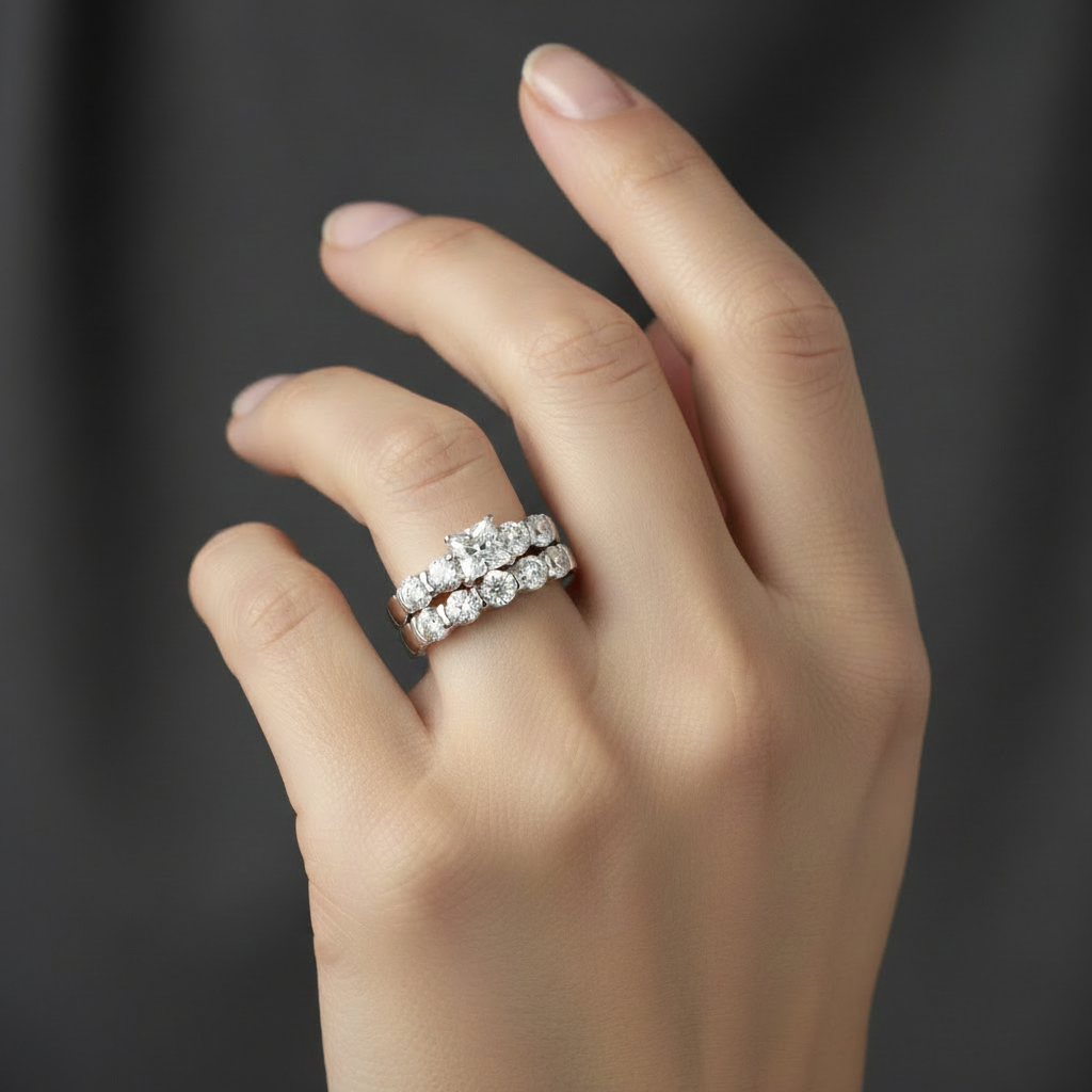 14k Diamond Bridal Set on Model - Dark Background